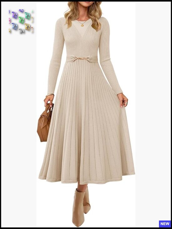 Dresses & Skirts - Long Sleeve Midi Sweater Dress Pleated A-Line Flowy Knit Dress with Belt